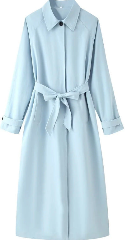 Damen Leichter knielanger Trenchcoat im Clean‑Look mit Bindegürtel und verdeckter Knopfleiste Drune