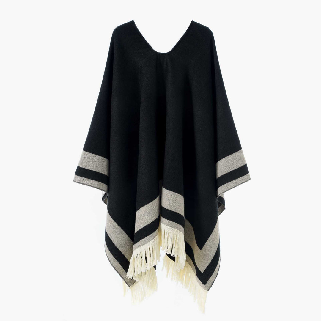 Damen V‑Ausschnitt Stricküberwurf im Oversize mit kontrastierenden Blockstreifen und Fransen Drune