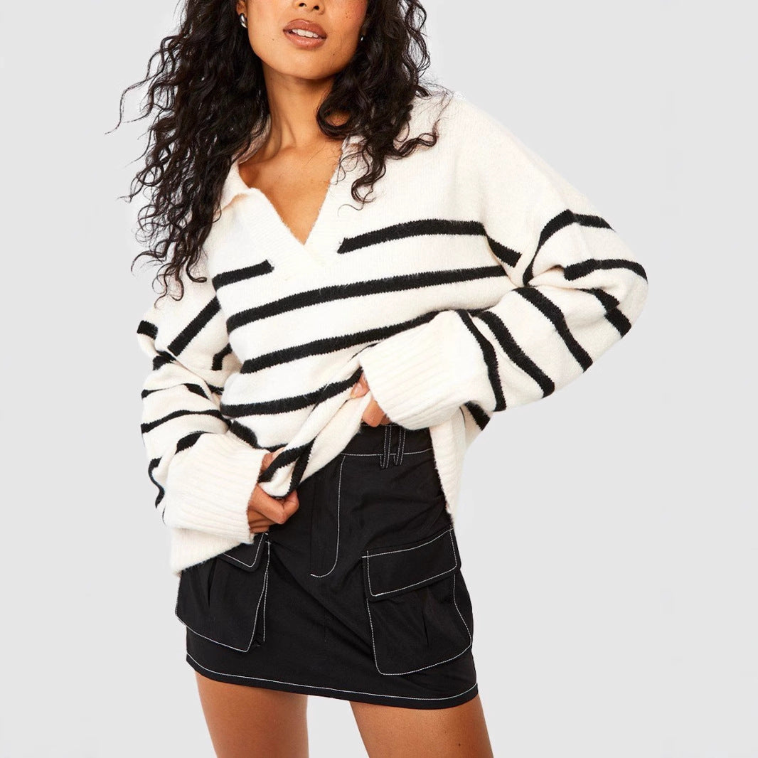 Damen Modischer Strickpullover mit V-Ausschnitt und Streifenmuster