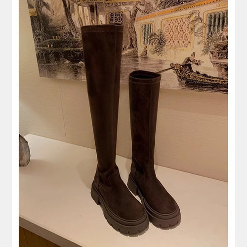 Damen Wadenhohe Veloursleder-Stiefel mit markanter Lug‑Profilsohle und elastischem Schlupfschaft Drune