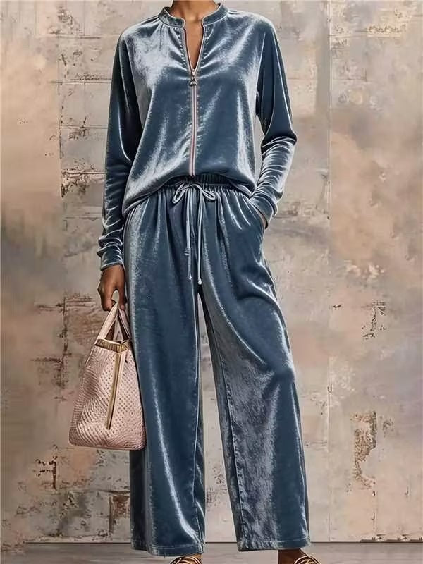 Damen nan samtiges Lounge-Set mit Stehkragen Reißverschlussoberteil und Kordelbundhose Drune