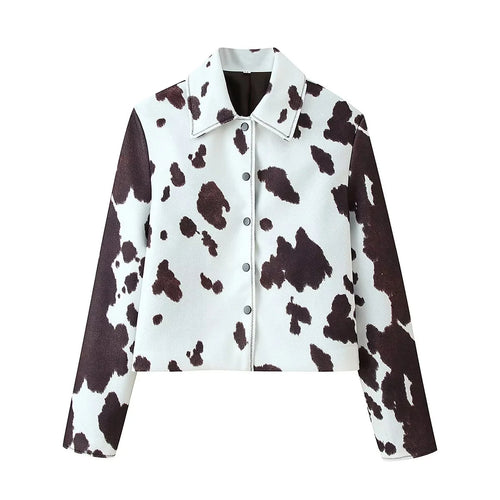 Damen nan kurzgeschnittene Hemdjacke mit Kuhfleckenmuster und Druckknopfverschluss Drune