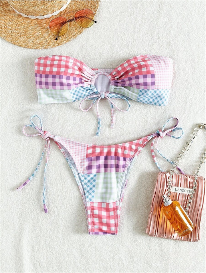 Damen Bikini-Set mit verspieltem Karomuster und verstellbaren Bindebändern Drune