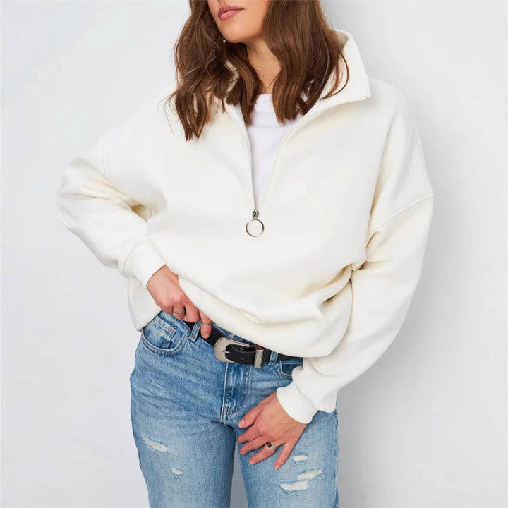 Damen Oversized Halbzip Sweater mit hohem Stehkragen und Rippbündchen Drune