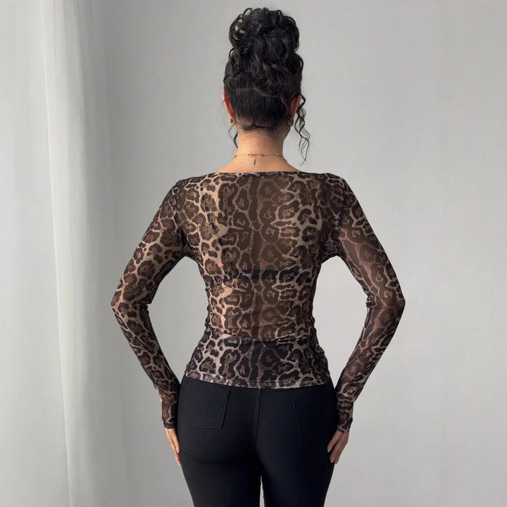 Damen nan eng anliegendes semitransparentes Meshshirt mit Leopardenmuster und Rundhalsausschnitt Drune