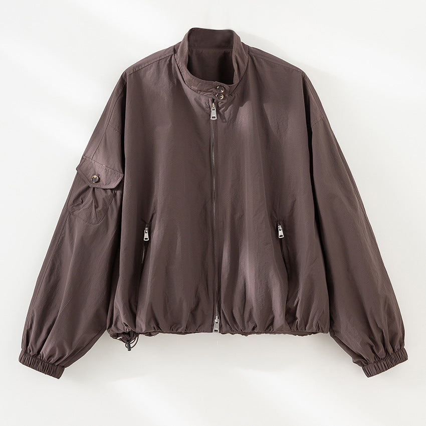 Damen Kurze technische Bomberjacke im Oversize‑Stil mit Ärmeltasche und Zwei‑Wege‑Reißverschluss Drune