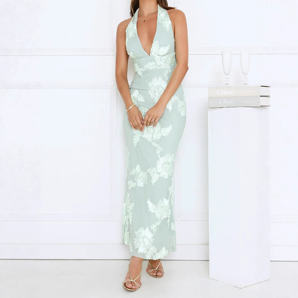 Damen Elegantes Maxikleid mit tiefem V-Ausschnitt und floralen Stickereien Drune