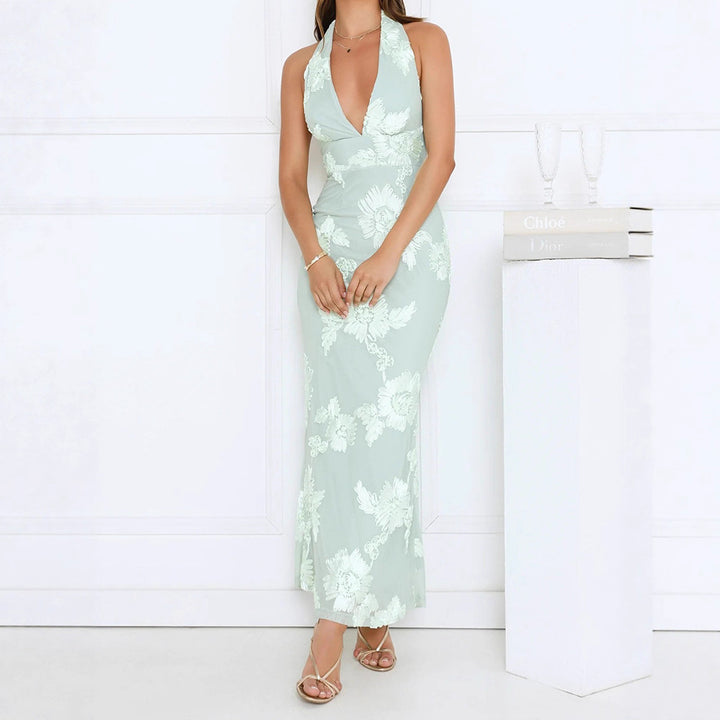 Damen Elegantes Maxikleid mit tiefem V-Ausschnitt und floralen Stickereien Drune