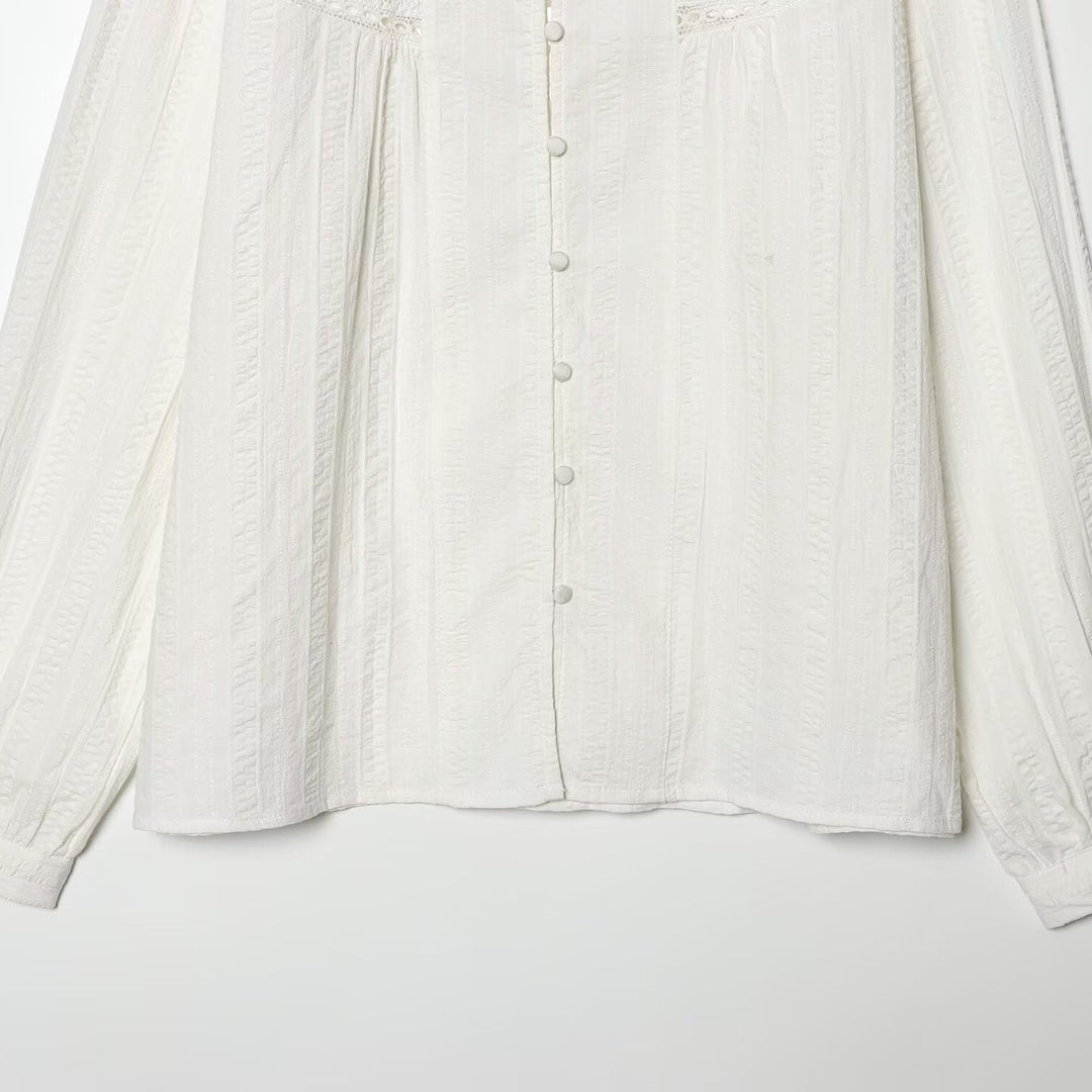 Damen Lockeres Vintage-Bluse mit Stehkragen, Spitzeinsätzen und Ballonärmeln Drune