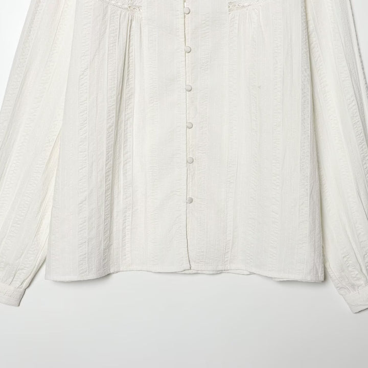 Damen Lockeres Vintage-Bluse mit Stehkragen, Spitzeinsätzen und Ballonärmeln Drune