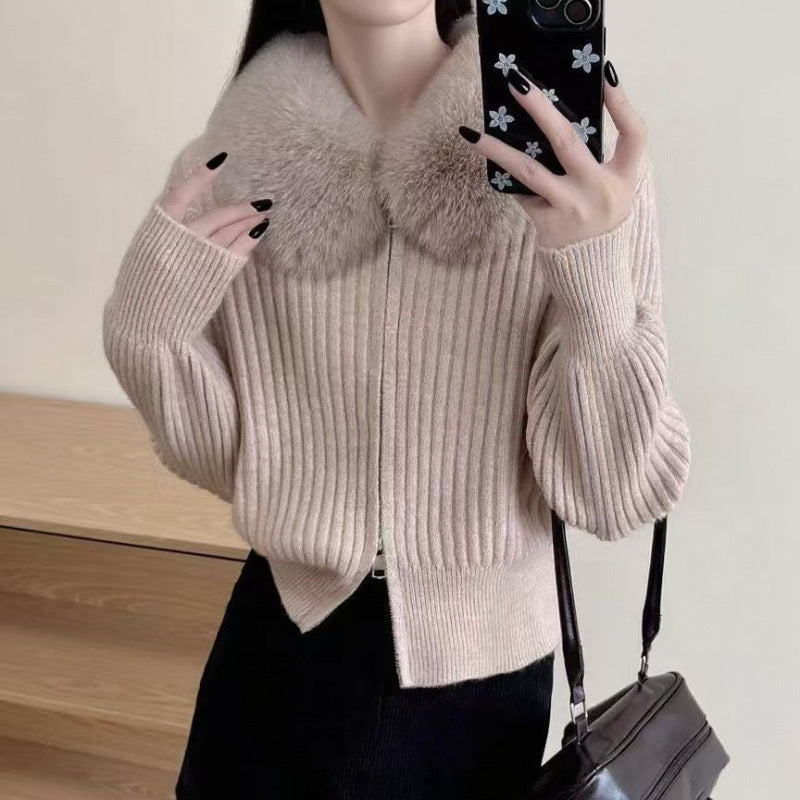 Damen Strickjacke mit hochwertigem Kunstfellkragen und eleganter Rippstruktur Drune