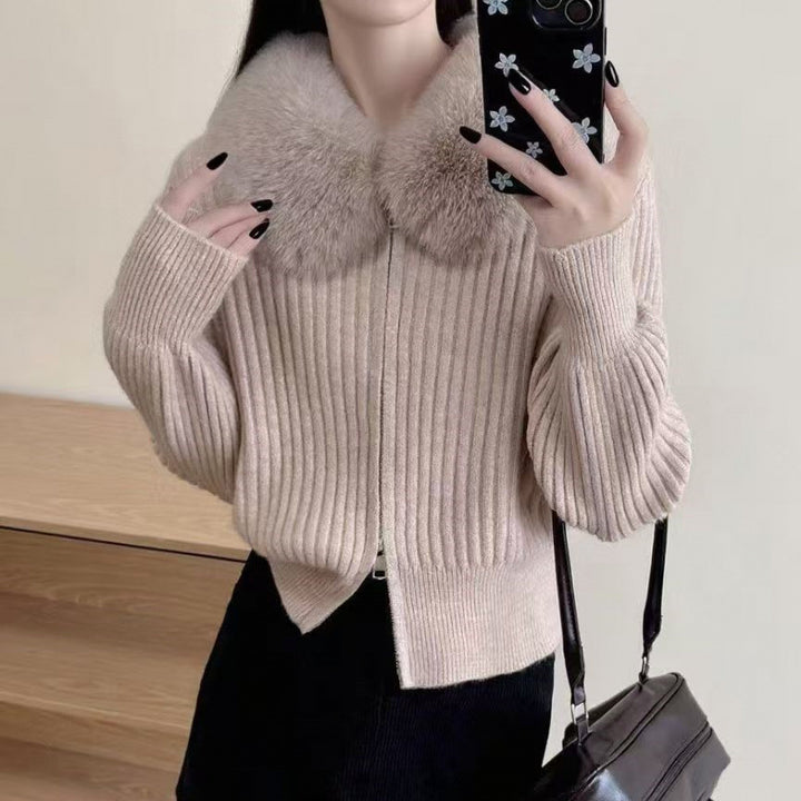 Damen Strickjacke mit hochwertigem Kunstfellkragen und eleganter Rippstruktur Drune