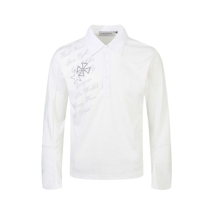 Damen Poloshirt-Langarmshirt mit Hemdkragen, Schriftprint und Strass-Applikation Drune