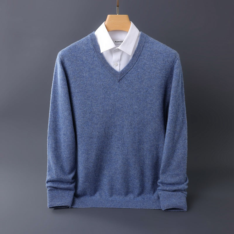 Herren Feiner V-Ausschnitt-Pullover aus Merino-Kaschmir-Mix mit gerippten Bündchen Drune