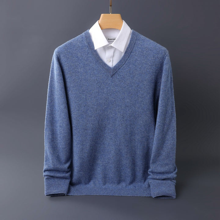 Herren Feiner V-Ausschnitt-Pullover aus Merino-Kaschmir-Mix mit gerippten Bündchen Drune