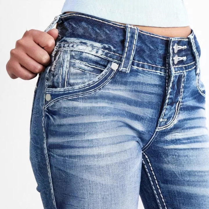 Damen Bootcut-Jeans mit sculptendem V-Bund, dekorativer Kontraststeppung und Vintage-Wash Drune