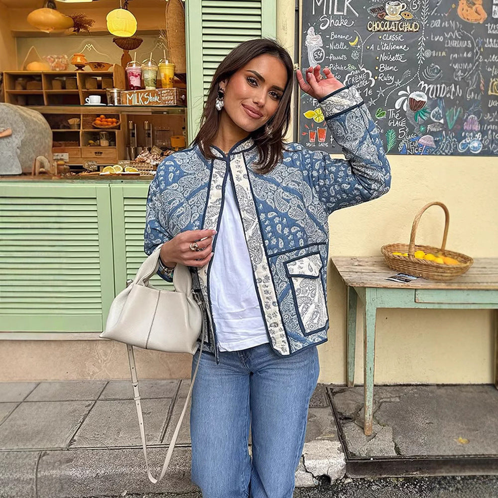 Damen modische leichte Bomberjacke mit Paisleymuster und seitlichen Eingrifftaschen Drune