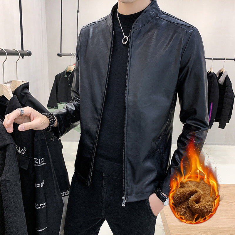 Herren schmal geschnittener Kunstleder Flightblouson mit minimalistischem Stehkragen und verdeckter Reißverschlussleiste Drune