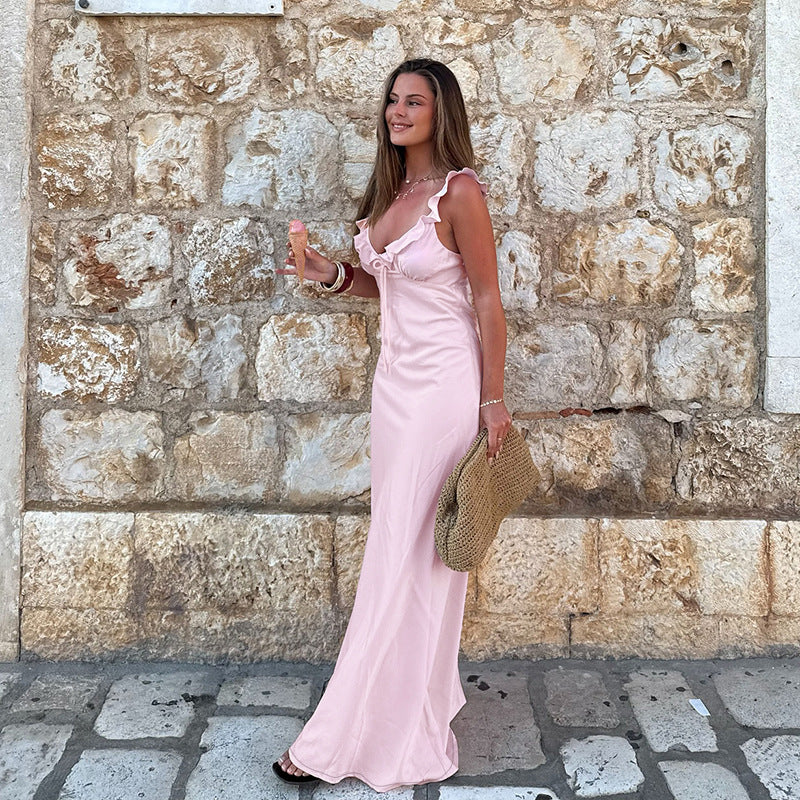 Damen Maxikleid mit Rüschendetails und Kordelzug Drune