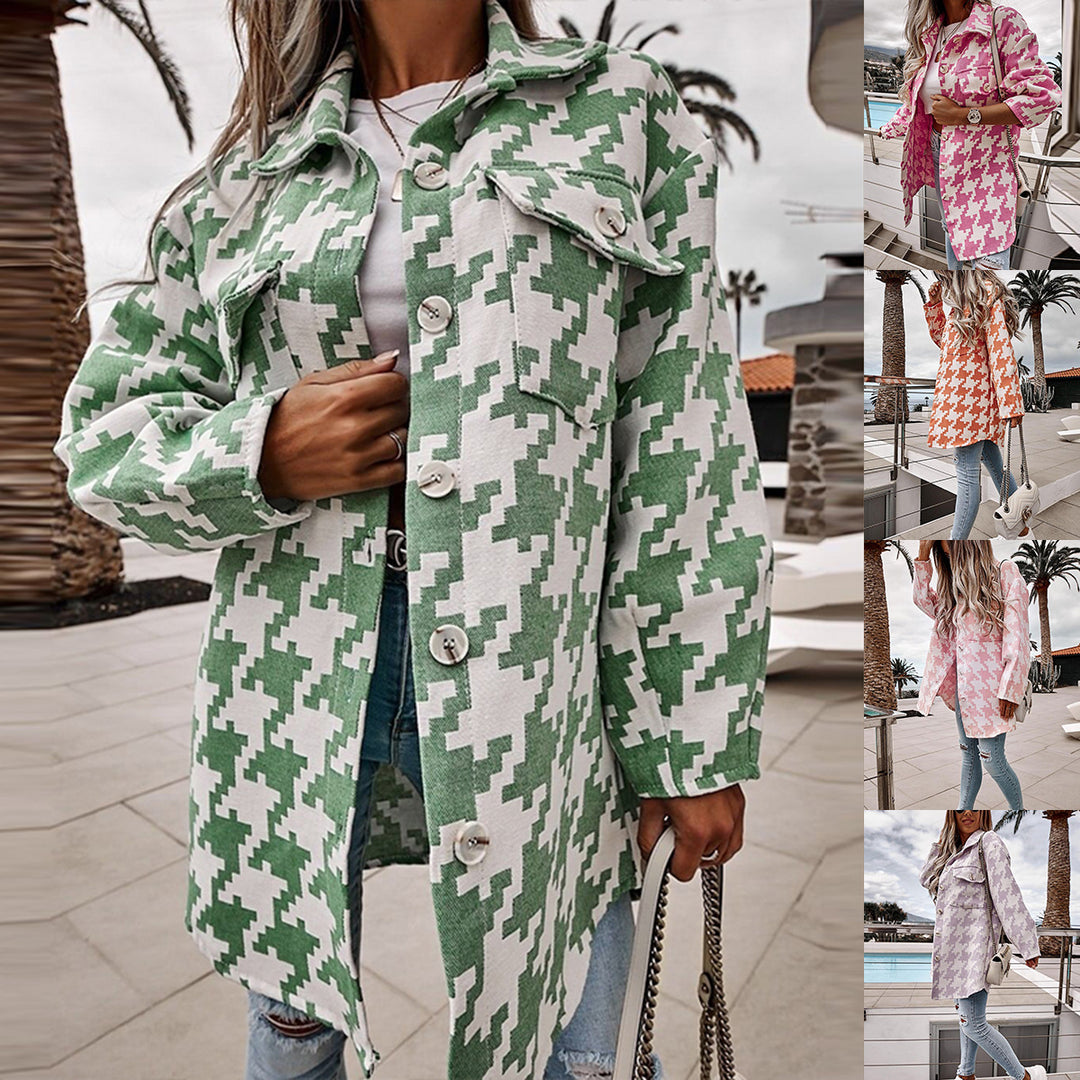 Damen Oversized Jacke im Hahnentritt-Design mit Taschen Drune