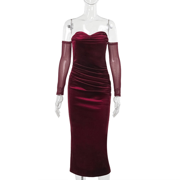 Damen figurbetontes Midi-Kleid mit transparenten Ärmeln und Rüschendetails Drune