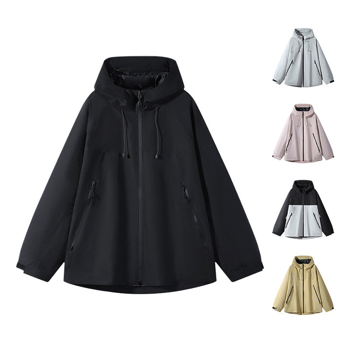Unisex Wasserabweisende zweifarbige Softshell-Jacke mit Kapuze Drune