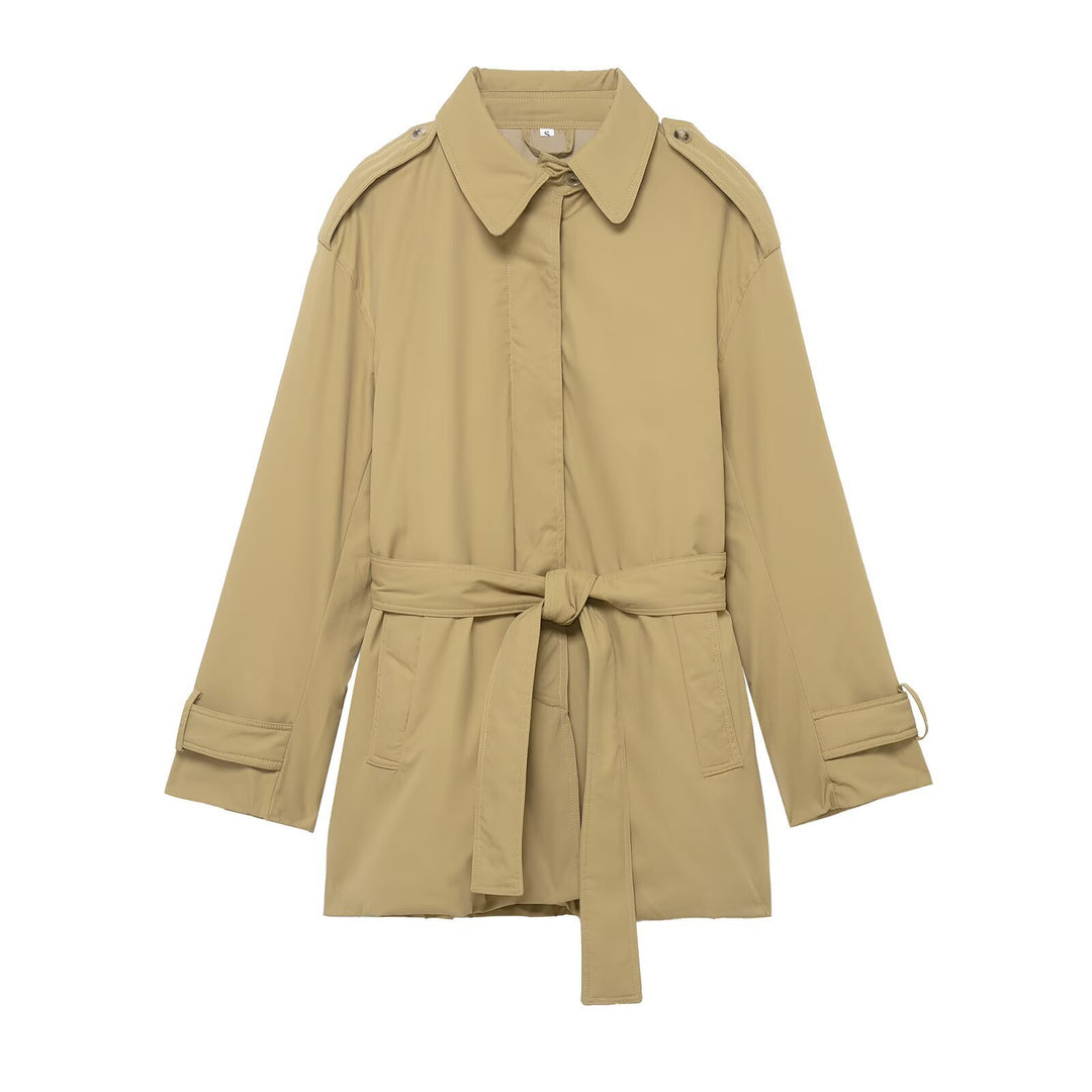 Damen Kurzer Trenchcoat mit Taillengürtel und Schulterklappen Drune