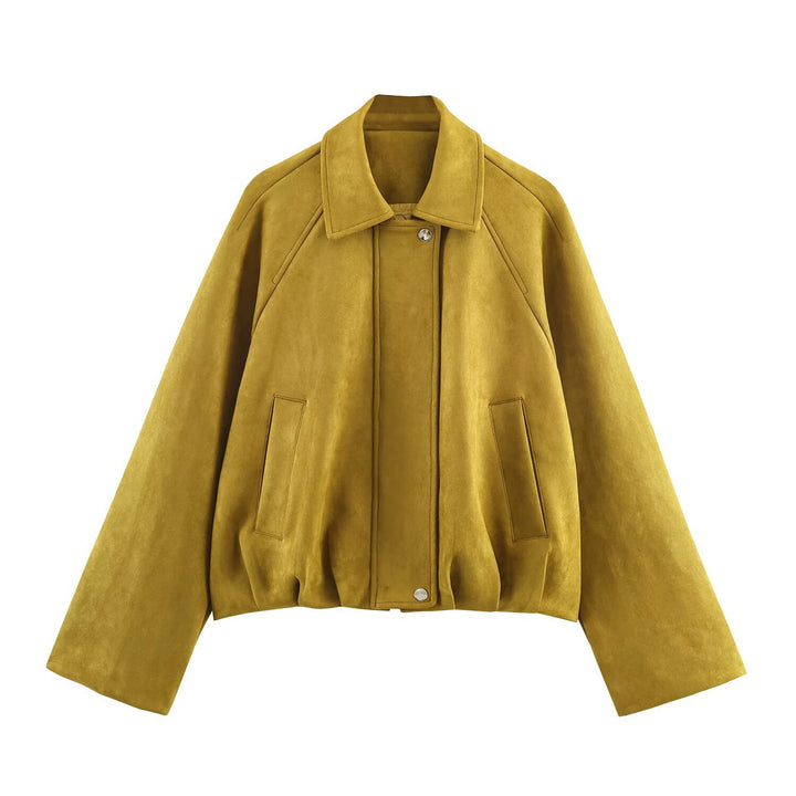 Damen modische Wildlederjacke mit hohem Kragen und praktischen Taschen Drune