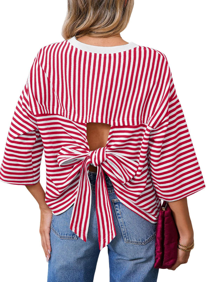 Damen Gestreiftes Oversize-Shirt mit Rückenausschnitt und Schleifenbindung Drune