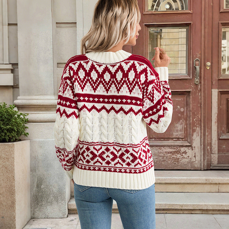 Damen Norweger-Strickpullover mit Zopfmuster und Fair-Isle-Jacquard Drune