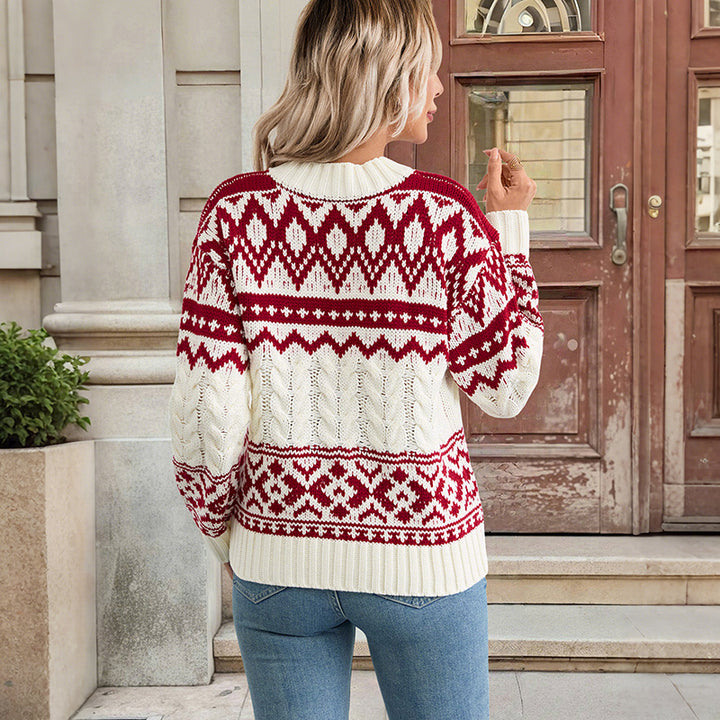 Damen Norweger-Strickpullover mit Zopfmuster und Fair-Isle-Jacquard Drune