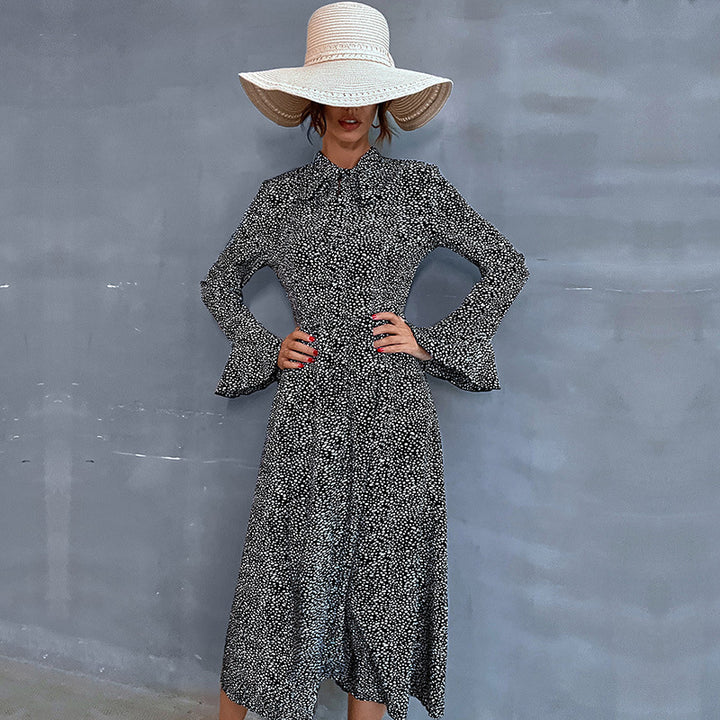 Damen Midikleid mit Stehkragen und Bindeschleife, Langarm A‑Linie mit feinem Pünktchenmuster Drune