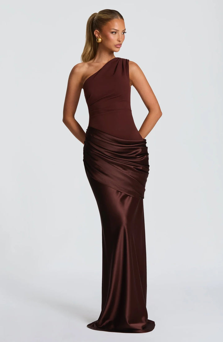 Damen elegantes asymmetrisches Satin-Abendkleid mit Drapé-Design Drune
