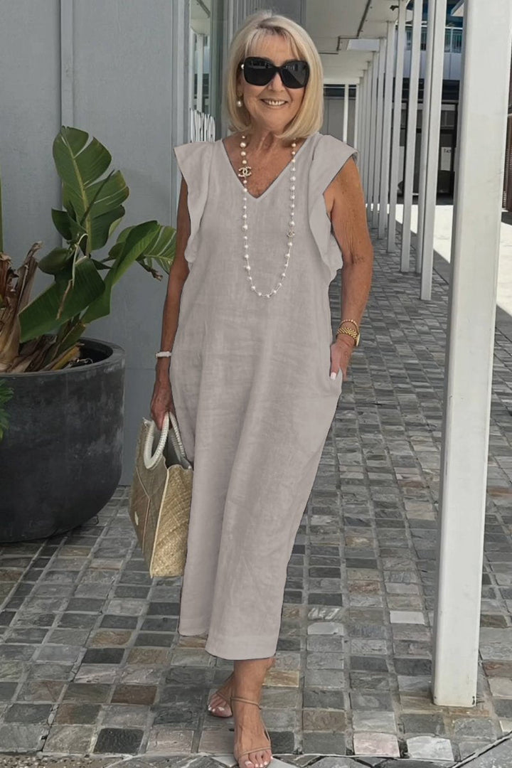 Damen Maxikleid mit V-Ausschnitt und angeschnittenem Ärmel Drune