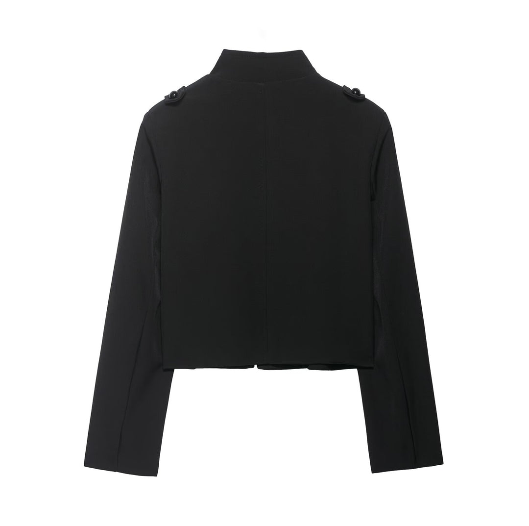 Damen Cropped Militärblazer mit Stehkragen und dekorativen Froschverschlüssen Drune