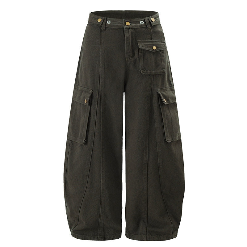 Damen Weite Cargo-Palazzo-Hose mit hohem Bund, Ballon-Saum und mehreren Klappentaschen Drune