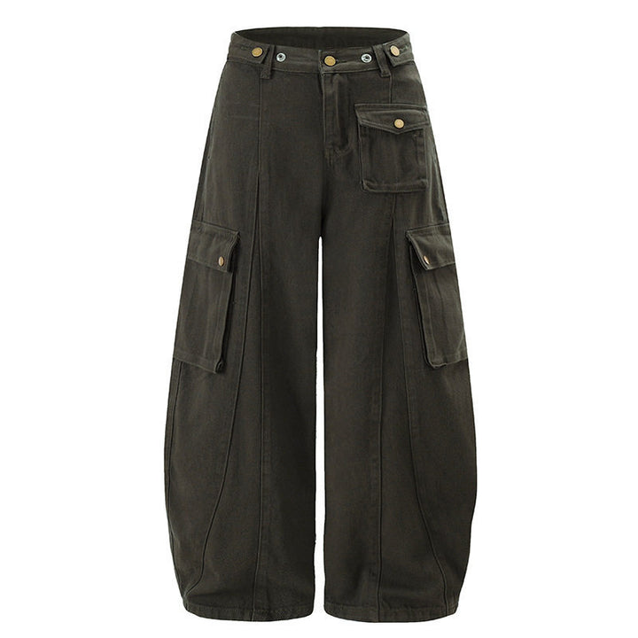 Damen Weite Cargo-Palazzo-Hose mit hohem Bund, Ballon-Saum und mehreren Klappentaschen Drune