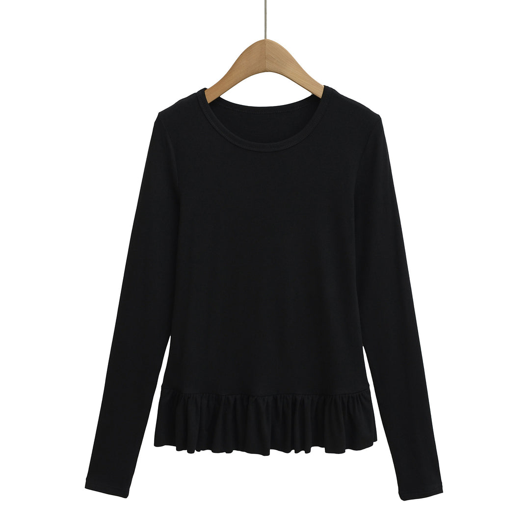 Damen Longsleeve Top mit Rüschensaum und Rundhalsausschnitt Drune