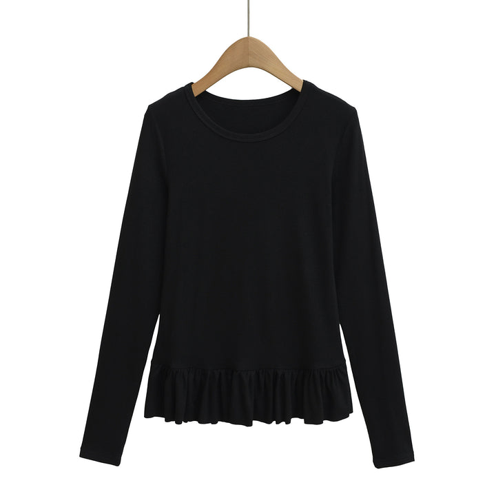 Damen Longsleeve Top mit Rüschensaum und Rundhalsausschnitt Drune