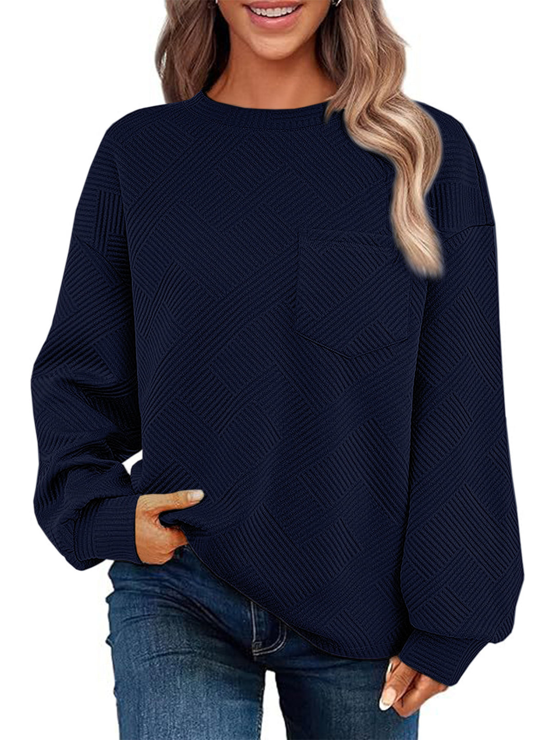 Damen Oversize Strukturstrick-Pullover mit Brusttasche Drune