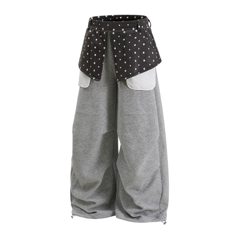 Damen Weite Palazzo-Loungehose mit Lagen-Einsatz, Sternapplikation & großen Kontrasttaschen Drune