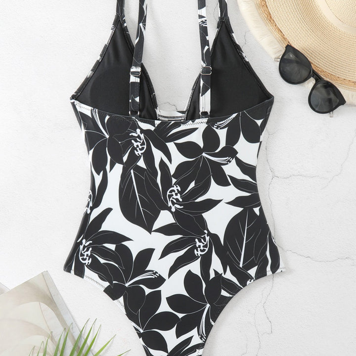 Damen Einteiler Badeanzug mit elegantem floralem Design und modernem V-Ausschnitt Drune