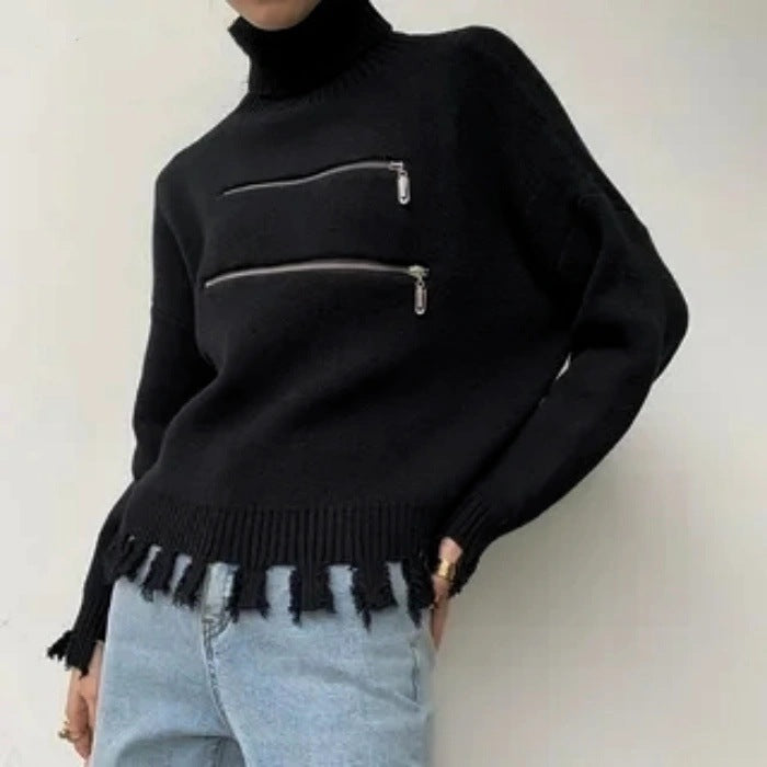 Damen stylischer Stehkragenpullover mit zwei asymmetrischen Reißverschlusstaschen und fransigem Saum Drune
