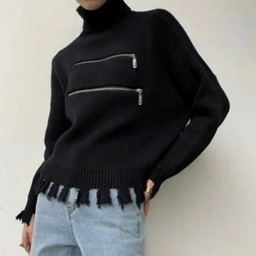 Damen stylischer Stehkragenpullover mit zwei asymmetrischen Reißverschlusstaschen und fransigem Saum Drune