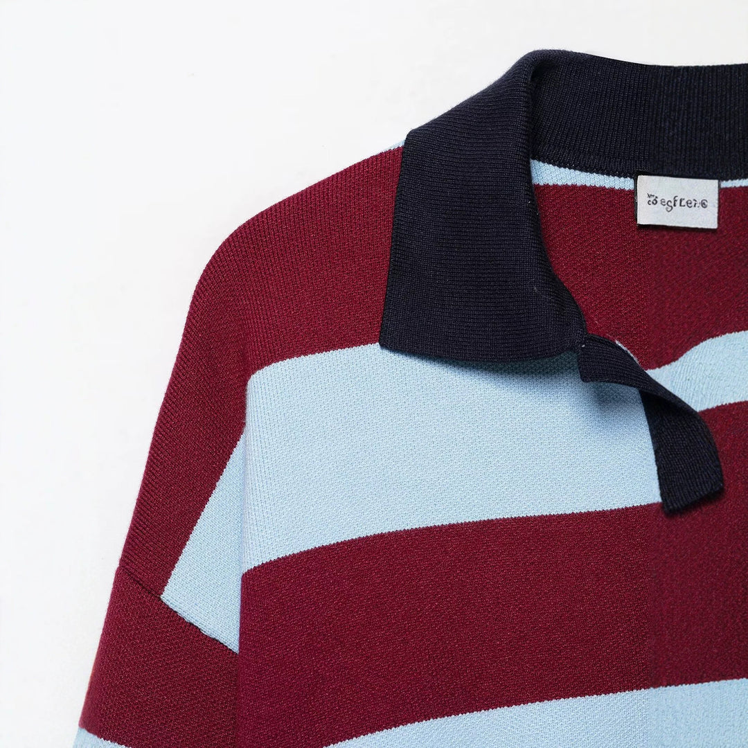 Damen Gestreifter Rugby-Pullover mit Polokragen und V-Ausschnitt Drune