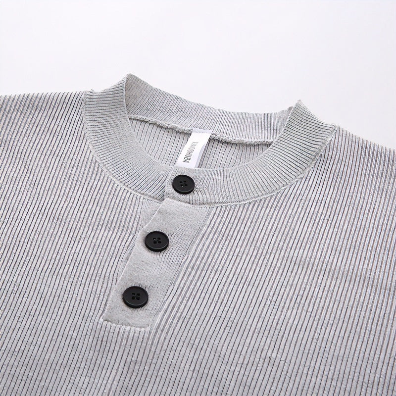 Unisex Oversized Rippen-Henley-Pullover mit verlängertem Rückensaum und 3-Knopf-Leiste Drune
