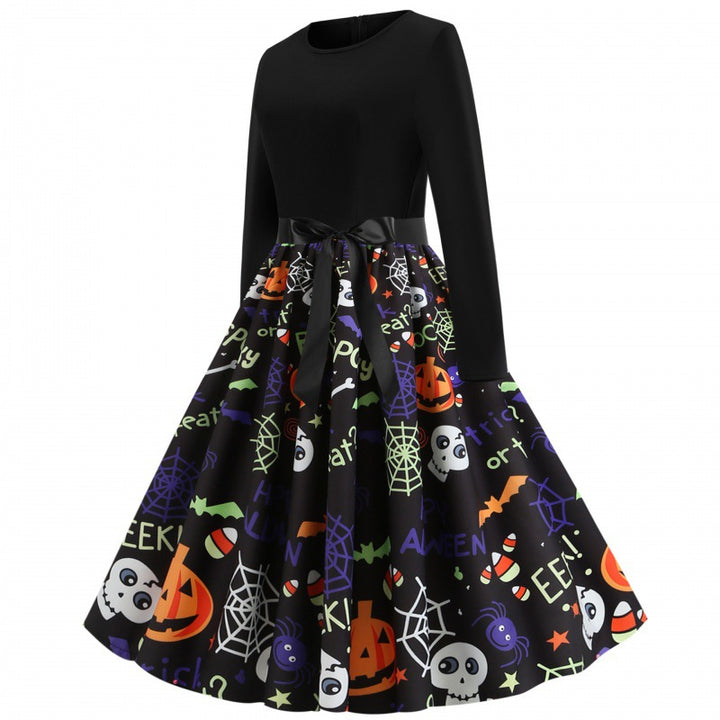 Damen Swingkleid mit Halloween-Print, taillierter Satin-Schärpe und langem Ärmel Drune