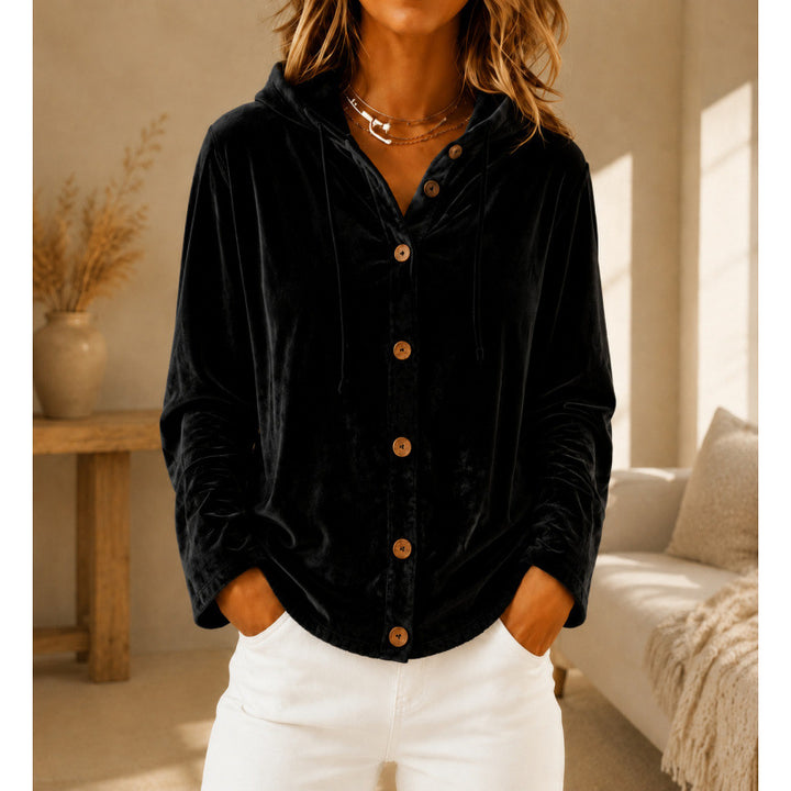 Damen Velours-Hemdjacke mit Kapuze und Knopfleiste Drune