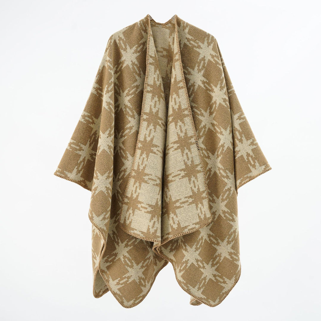 Damen Oversize-Jacquard-Cape mit Sternmotiv und kontrastierter Kettelkante Drune