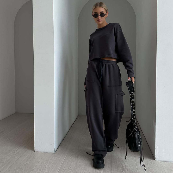 Damen kurzes Sweatshirt mit Kordelzug und Oversize-Ärmeln Drune